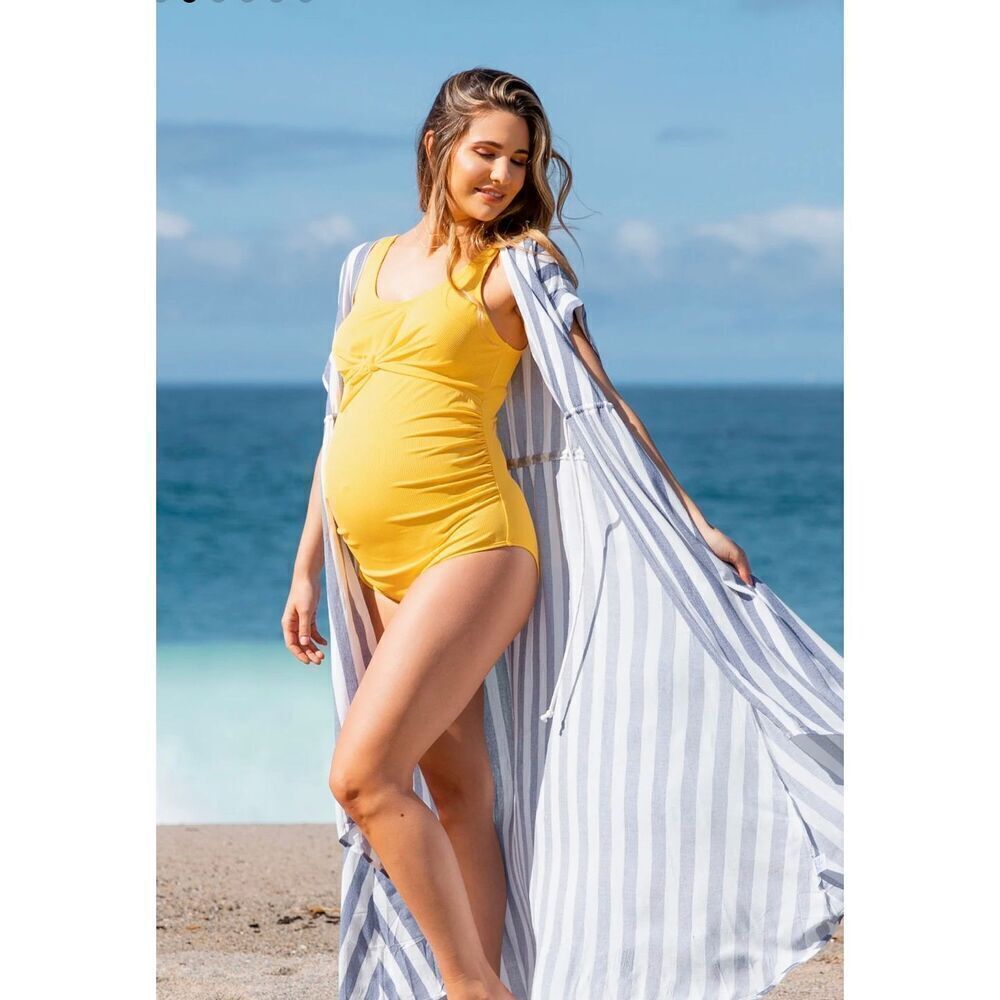 Pinkblush Yellow Ribbed Front Knot One-Piece Maternity New Size Medium